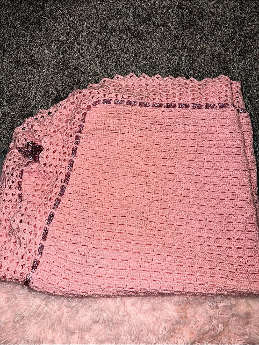 Pink Crochet Knit Blanket Throw